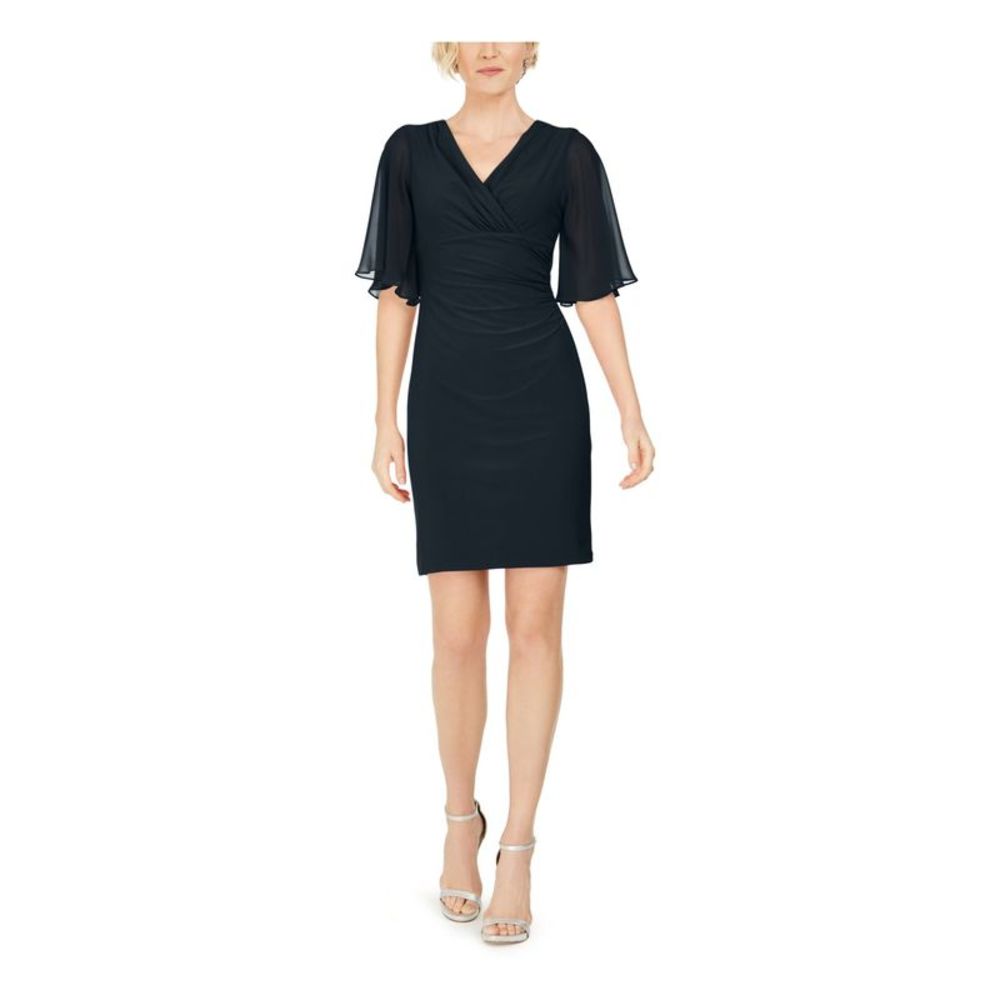 JBS LIMITED Womens Navy Chiffon Flutter Sleeve Short Evening Sheath Dress L